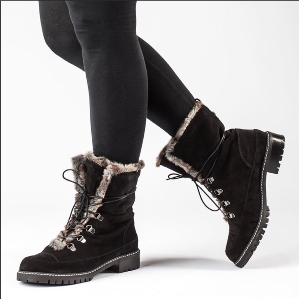 Stuart Weitzman Black Luge Suede & Faux Fur Lace-up Boots Size 9M